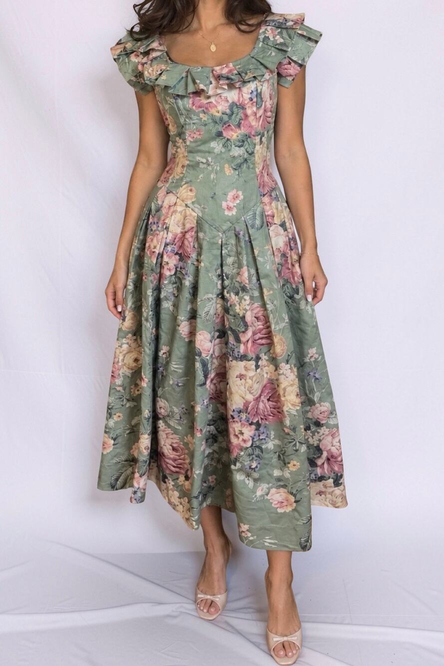 Vintage 80s S.G. Gilbert Sage Floral Pleated Ruffle Midi Dress Size 4